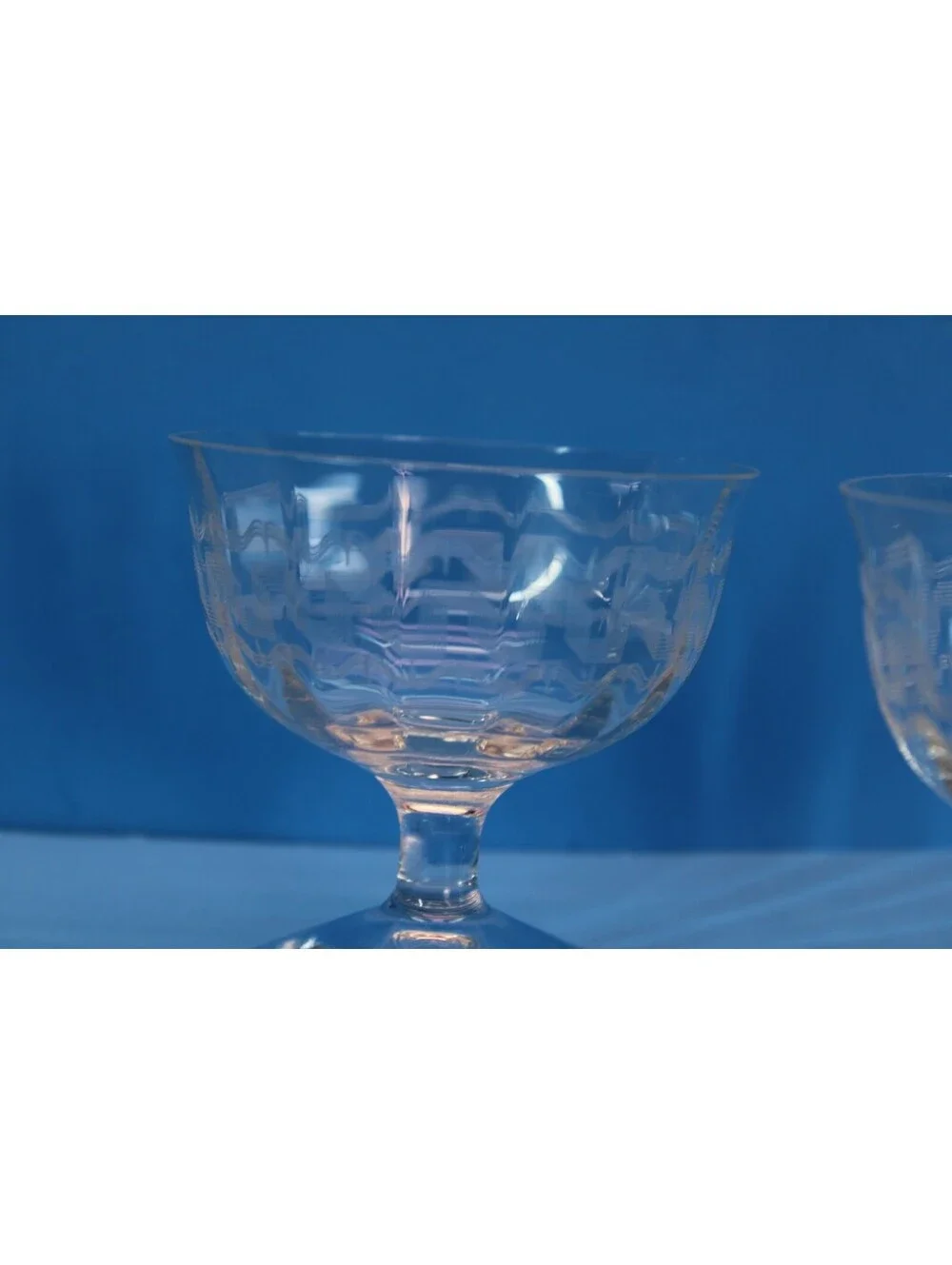Vtg MC Greek Key Etched Low Sherbert Blown Glass Optic Stem 3.25